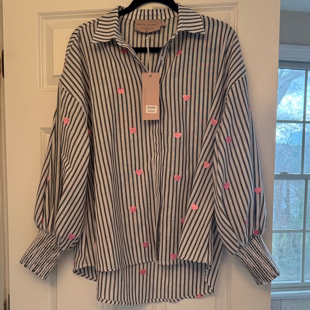 White Closet Striped Button-Up Blouse with Pink Heart Embroidery